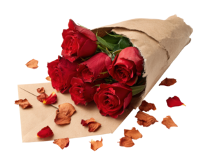 Romantic gesture red roses bouquet floral arrangement isolated on transparent background