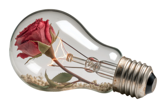 Artistic light bulb with rose inside conceptual isolated on transparent background
