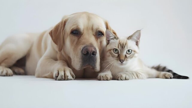 A closeup of a dog and a cat resting together on a white surface. The dog and cat are positioned closely together.