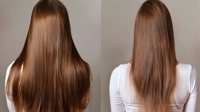 Long straight hair with neat ombre on a white background demonstrates the colourist's skill &mdash; a versatile visual backdrop for beauty salons and style training courses.
