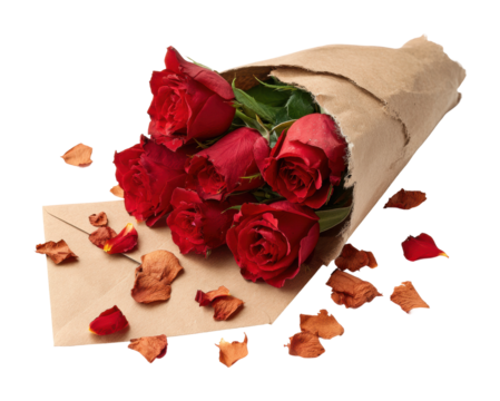 Romantic gesture red roses bouquet floral arrangement isolated on transparent background