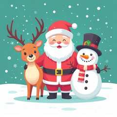 Świąteczne ilustracja ze Świętym Mikołajem, bałwankiem i reniferem