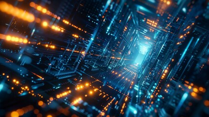 Quantum Computer Core Visualizing Global Stock Market Data in a High-Speed Digital Network Tunnel