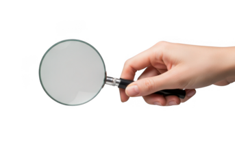 Human hand holding a magnifying glass isolated on transparent background