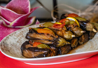 Mediterranean cuisine, olive oil, healthy and delicious salad varieties with green vegetables.Vegetarian and vegan healty food, open buffet in a luxury hotel. Meze varieties, salad bar.