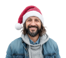 Holiday cheer man in santa hat portrait smiling joy isolated on transparent background