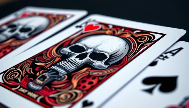 Close-up of a deck of skull-themed playing cards, showing intricate skull designs, spades, clubs