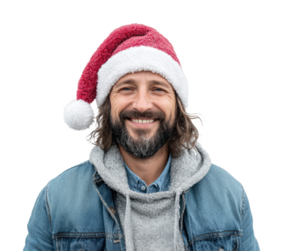 Holiday cheer man in santa hat portrait smiling joy isolated on transparent background