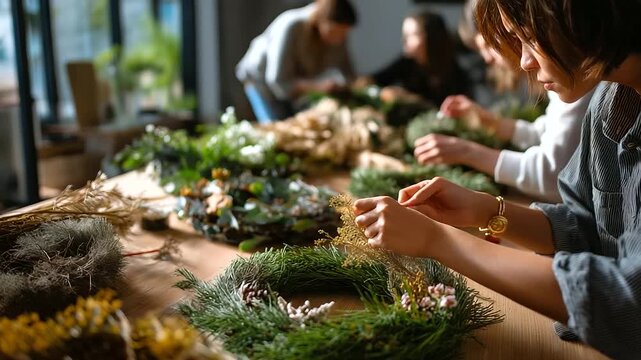 Faceless group arranging handmade natural wreaths for charity sale, calm and harmonious setting, with copy space.