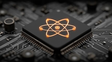 Quantum Computer Processor with Glowing Atom Icon on a Black Circuit Board Representing Next-Gen Computational Power