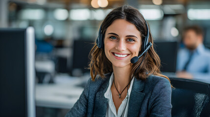 smiling mid woman working as customer support operator with headset in a call center portrait of happy sales agent sitting at desk and looking at camera customer care support service representative n