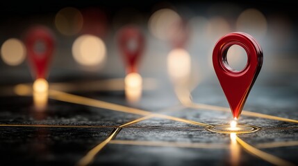 Red Location Pin on a High-Tech Map with Glowing Route Lines and Futuristic Navigation Interface