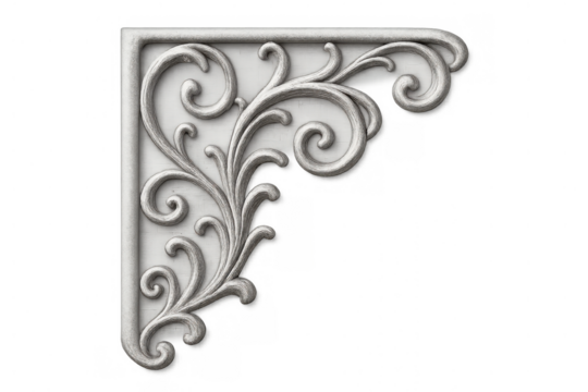 Decorative architectural rococo ornament corner piece with swirling baroque scrolls, vintage plaster relief artistic detail