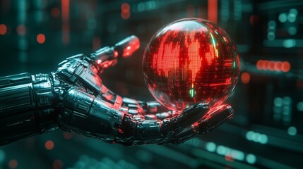 Futuristic Robotic Hand Holding Digital Globe Representing Global Data, AI, and Economic Connectivity in a Sci-Fi World
