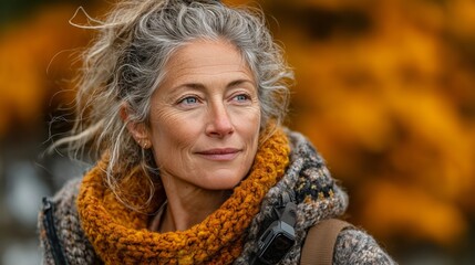 Confident Senior Woman in Autumn Outfit Gazing into the Distance Outdoor Lifestyle and Natural Beauty
