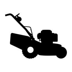 Black silhouette of a walk behind rotary lawn mower silhouette