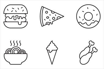 Fast food web line icon set. Vector illustrations of burgers, donuts, hot dogs, kebabs, pizza, ice cream, and pizza. Editable strokes.
