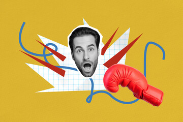 Creative trend artwork 3D collage sketch of silhouette head young man shocked open mouth boxer glove punch pressure hate bullying victim