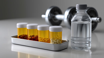Supplements, water bottle, and dumbbell for fitness routine