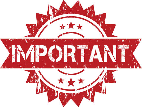 A red important stamp with stars and jagged edges on a white background with a grunge texture effect