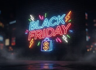 Neon Black Friday Sign with Shopping Bag on a Brick Wall for Promotional Sales