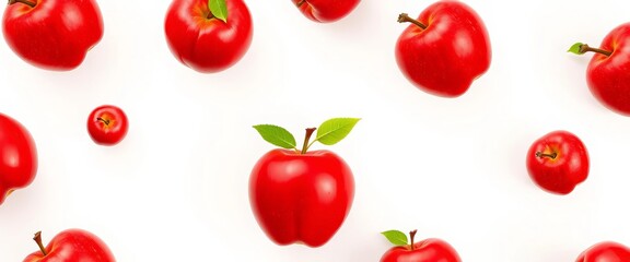 Infinite repeating pattern of red apples on white background, bright, repetition