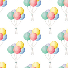Obraz premium Watercolor seamless pattern with colorful balloon bunches on a white background. Bright festive design perfect for wrapping paper, greeting cards, party invitations, and childrens textile prints