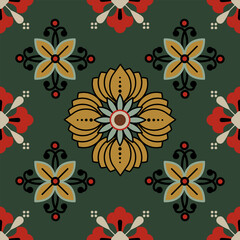A vibrant, symmetrical pattern featuring flowers and ornate designs in red, gold, and green, ideal for textiles or wallpaper.