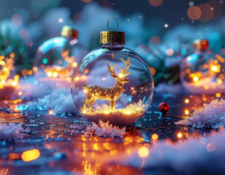 Christmas blue background with bauble, reindeer, snow, spruce branches