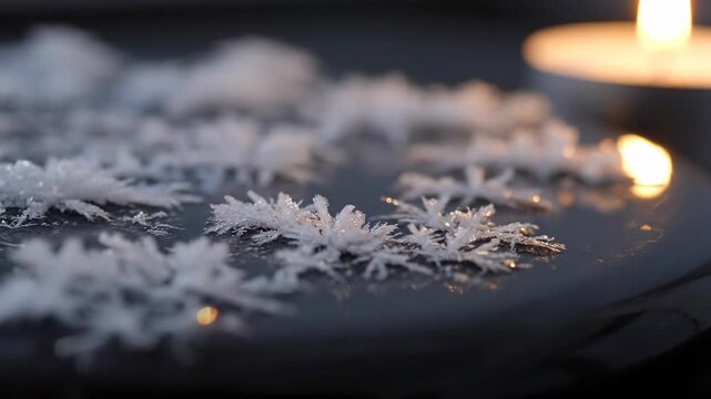 Dark still life with candle light and reflective surface details