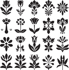 Black and White Flower Silhouette Set,
Floral Vector Icons Collection,
Decorative Blossom Pattern Design