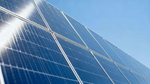 Sunlight glinting off vast array of solar panels generating clean energy under a bright blue sky renewable power solutions for a sustainable future