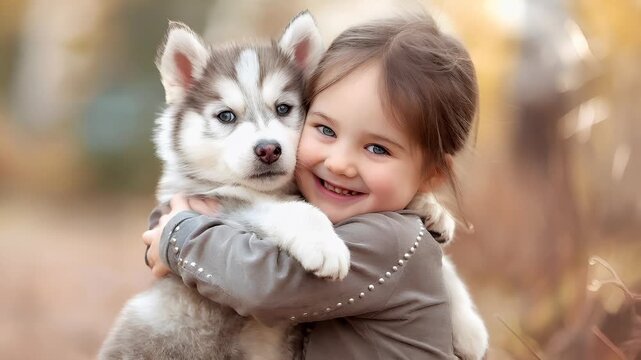 A closeup of a young girl hugging a husky puppy outdoors. The girl has auburn hair and blue eyes, and she is wearing a gray jacket with silver studs.