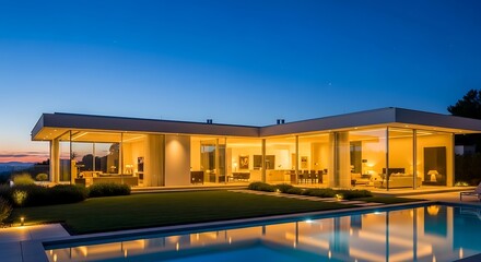 Fototapeta premium Elegant modern villa design with illuminated interiors during twilight hour