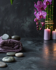 Orchid Shaped Bamboo Towel Stone Set for Thai Massage, Slate Surface with Laid Pebbles and Rolled Gray Color