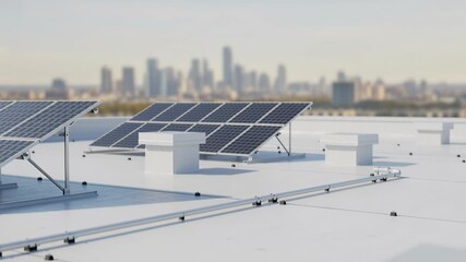 Modern solar panels gleam on a rooftop, powering a sustainable future with clean energy for a vibrant city skyline, promoting environmental responsibility - Powered by Adobe