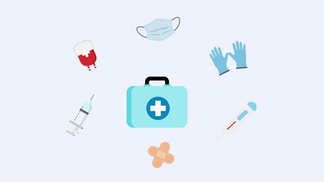 Animated Collection of Essential Medical and First Aid Supplies.