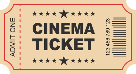 A beige cinema ticket with the text admit one cinema ticket and a barcode with stars on the top and bottom