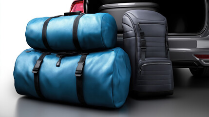 Packed luggage ready for a road trip adventure in a car trunk