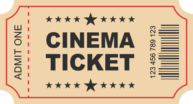 A beige cinema ticket with the text admit one cinema ticket and a barcode with stars on the top and bottom