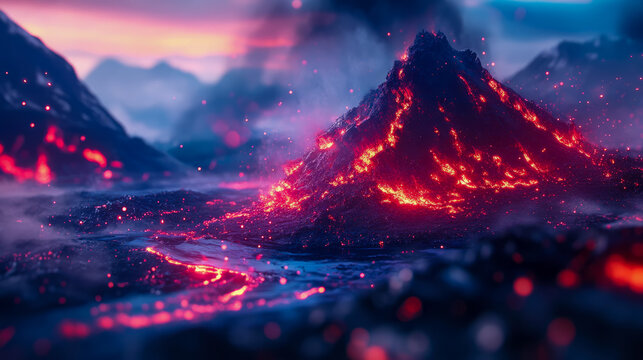 Otherworldly twilight scene of active volcano spewing radiant lava and magical embers across rugged, misty terrain, illuminated by vivid dusk sky