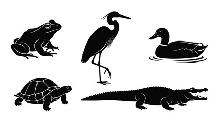 Aquatic and wetland animal silhouettes collection isolated on white background, Vector