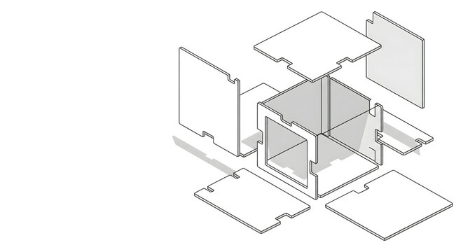 Exploded view of a modular cube structure, demonstrating assembly of panels for construction and design