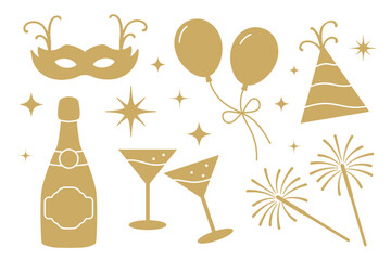 golden New Years Eve celebration elements: party mask, calendar, champagne bottle and glasses, party hat, sparklers, balloons, stars- vector illustration