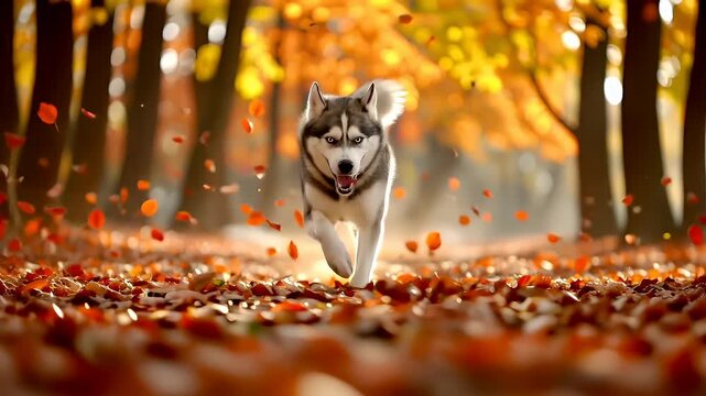 A vivid autumnal scene featuring a husky dog amidst a carpet of fallen leaves. The dog, with its striking blue eyes, is captured midstride, its fur a mix of white and gray.
