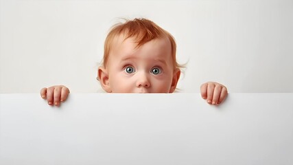 A closeup portrait of a young child peeking over a blank white board. The childs face is the central focus, with a clear emphasis on the eyes and lips. The background is plain and white.