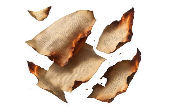 Burning pages flying, old text documents consumed by flames, knowledge destruction, information loss, crisis, deadline