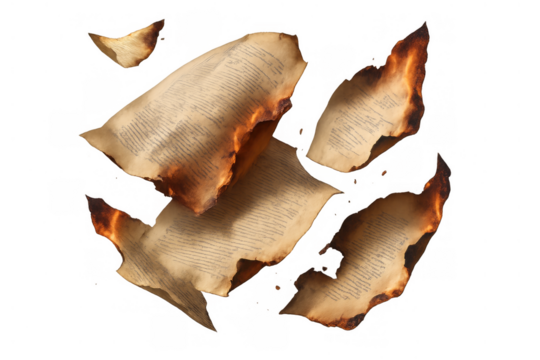 Burning pages flying, old text documents consumed by flames, knowledge destruction, information loss, crisis, deadline