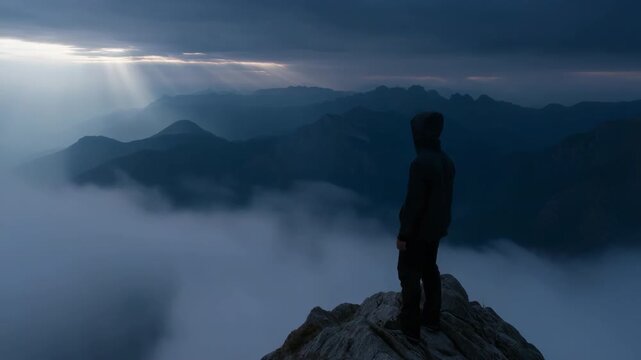 A man stands on a mountain top, looking out at the horizon. The sky is cloudy and the sun is shining through the clouds, creating a beautiful and serene atmosphere. The man is lost in thought