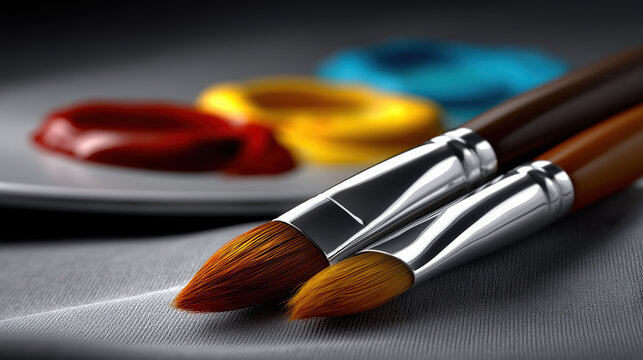 Close-up of paintbrushes resting next to vibrant paint colors